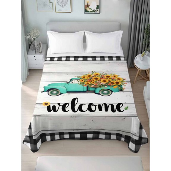 Twin Flat Sheet Only Spring Farm Teal Truck Flower Soft Microfiber Cooling Bedding Sheets Rustic Wood Grain Classic Plaid Flat Bed Sheet for Hotel, Home Decor