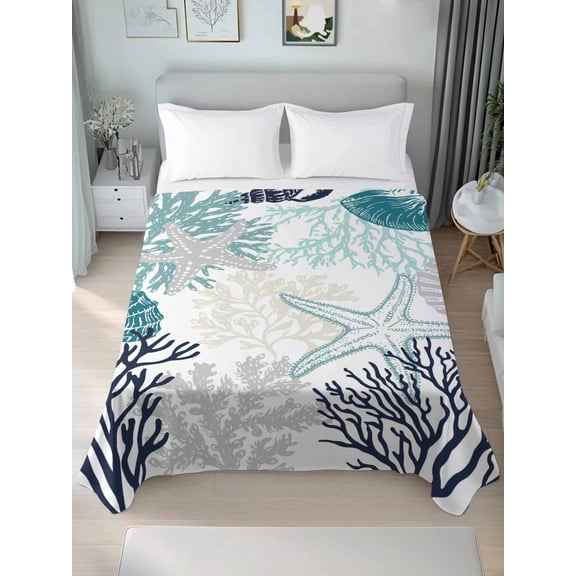 Twin Flat Sheet Only Summer Nautical Coral Shell Soft Microfiber Cooling Bedding Sheets Watercolor Turquoise Conch Flat Bed Sheet for Hotel,Home Decor