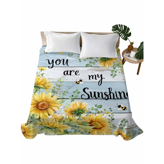 Twin Flat Sheet, Summer Sunflower Twin Bed Sheets Only, Soft Microfiber Flat Sheet, Vintage Floral Botanical Bee Blue Wooden Hotel Quality Bedding Top Sheet Bedroom Home Dorm Decor