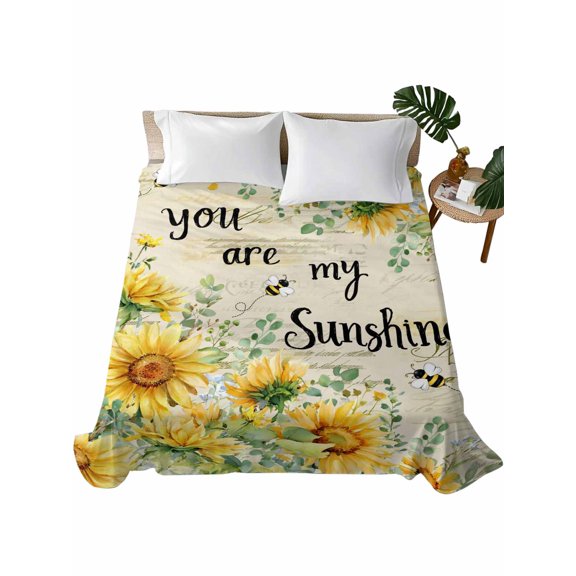 Twin Flat Sheet, Summer Sunflower Twin Bed Sheets Only, Soft Microfiber Flat Sheet, Vintage Floral Botanical Bee Farmhouse Hotel Quality Bedding Top Sheet Bedroom Home Dorm Decor