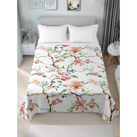 Twin Flat Sheet Only Summer Watercolor Flower Leaves Soft Microfiber Cooling Bedding Sheets Country Branch Floral Flat Bed Sheet for Hotel, Home Decor