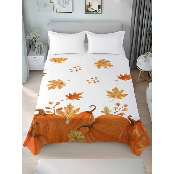 Twin Flat Sheet Only Thanksgiving Orange Pumpkin Soft Microfiber Cooling Bedding Sheets Fall Maple Leaf Fallen Leaves Flat Bed Sheet for Hotel,Home Decor