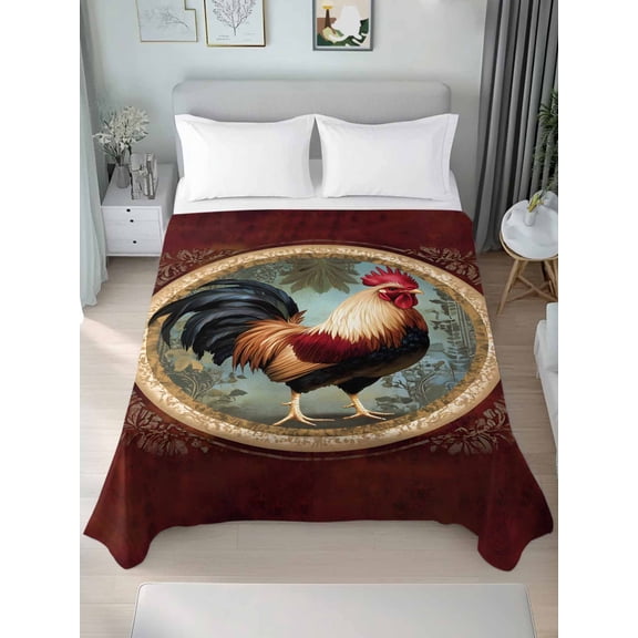 Twin Flat Sheet Only Vintage Farmhouse Rooster Oil Painting Soft Microfiber Cooling Bedding Sheets Red Marble Pattern Flat Bed Sheet for Hotel, Home Decor