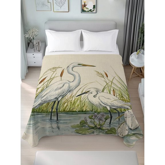 Twin Flat Sheet Only Watercolor Egret Marsh Cattail Soft Microfiber Cooling Bedding Sheets Farmhouse Wildlife on Linen Flat Bed Sheet for Hotel,Home Decor