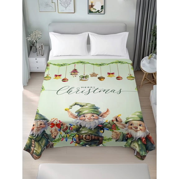 Twin Flat Sheet Only Winter Green Elf Soft Microfiber Cooling Bedding Sheets Christmas Bell Star Pinecone Ball Ornament Flat Bed Sheet for Hotel, Home Decor