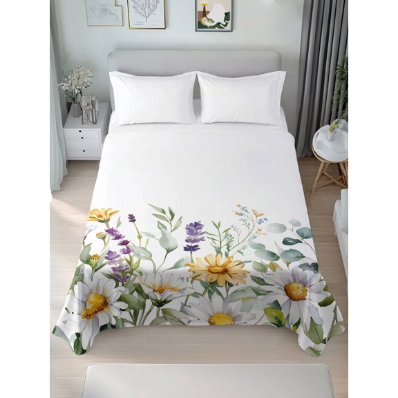 Twin Flat Sheet Only Farm Daisy Flower on White Soft Microfiber Cooling Bedding Sheets Green Eucalyptus Leaves Flat Bed Sheet