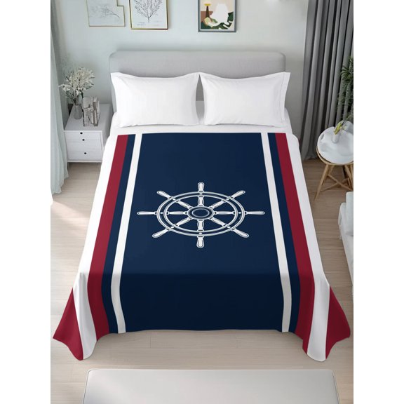 Twin Flat Sheet Only Medieval Nautical Ship Wheel Soft Microfiber Cooling Bedding Sheets Vintage Red White Striped Flat Bed Sheet