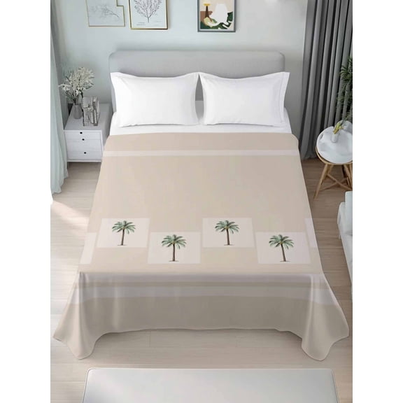 Twin Flat Sheet Only Summer Tropical Palm Tree Soft Microfiber Cooling Bedding Sheets Beach Theme Plants on Beige Flat Bed Sheet