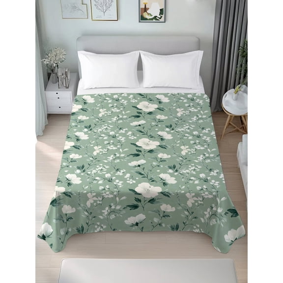 Twin Flat Sheet Only Watercolor White Camellia Soft Microfiber Cooling Bedding Sheets Floral on Green Background Flat Bed Sheet