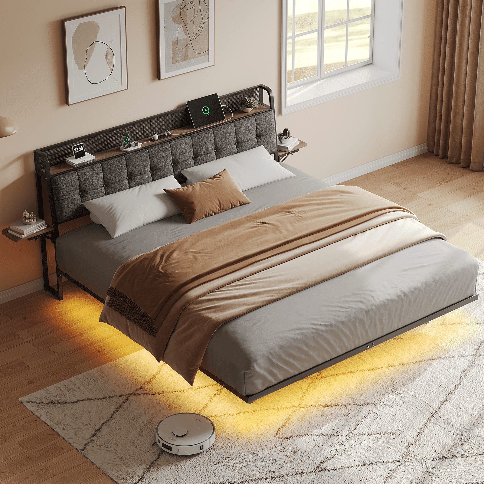 Vefurn King Floating Bed Frame with LED Lighting, Charging Ports, Upholstered Headboard, Black