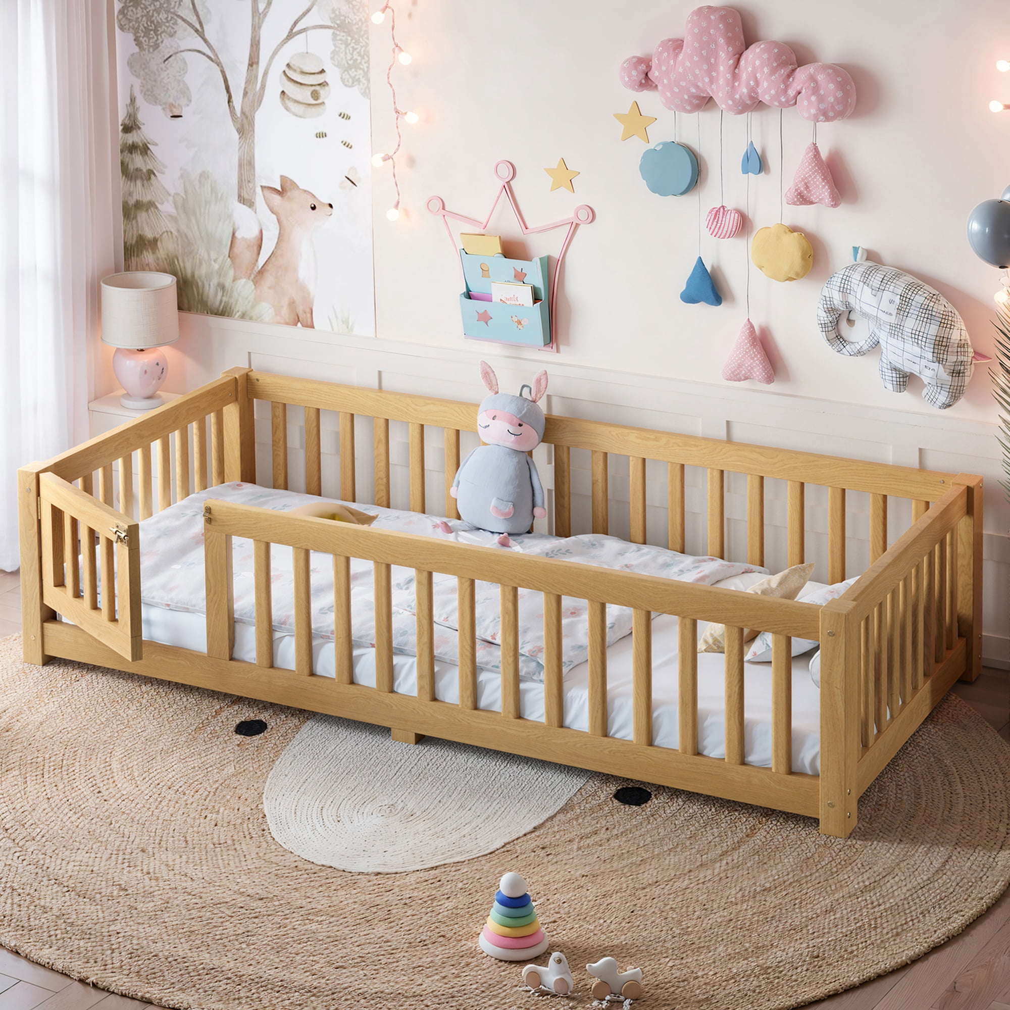 Twin Floor Bed 77.5 Inch, Solid Wood Bed Frame with Safety Guardrails and Door, Low Profile Montessori Bed for Kids Bedroom, Natural
