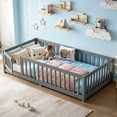 thumbnail image 1 of Twin Floor Bed with Door and Fence, Twin Size Montessori Floor Bed with Guardrails, Solid Wood Floor Montessori Bed with Removable Slats, Low Profile Floor Bed Twin for Bedroom, Wood Grain Gray, 1 of 10