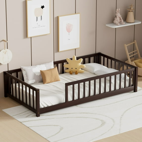 Twin Floor Bed with Fence for Kids, Solid Pine Wood Montessori Bed Frame with Guardrails and Slats System, Playhouse Design Platform Bed for Children Bedroom, Without Door, Espresso