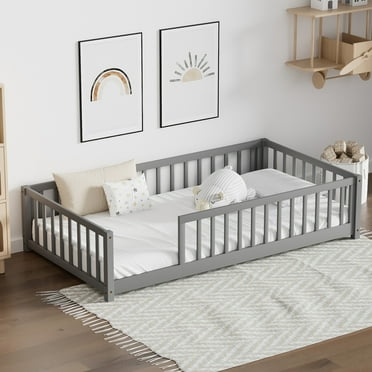 Twin Floor Bed with Fence for Kids, Solid Pine Wood Platform Bed Frame with Guardrails and Slats, Playhouse Design Montessori Bed for Children Bedroom, Without Door, Easy Assemble, Gray