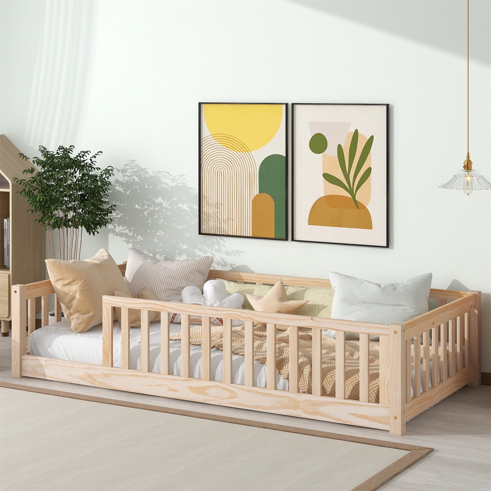 Twin Floor Bed with Fence for Kids, Solid Pine Wood Platform Bed Frame with Guardrails and Slats System, Playhouse Design Montessori Bed for Children Bedroom,Without Door, Natural