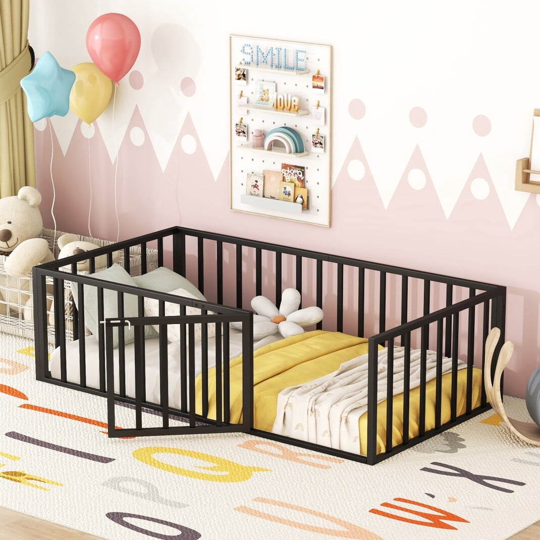 Twin Floor Bed Frame, Montessori Floor Bed with Full-Length Guardrails and Door, No Slats Supports, Black, 77"×41.1"×21.7"H
