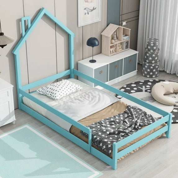 ARCTICSCORPION Pinewood Twin House Shaped Bed Frame with Guardrail, Light Blue