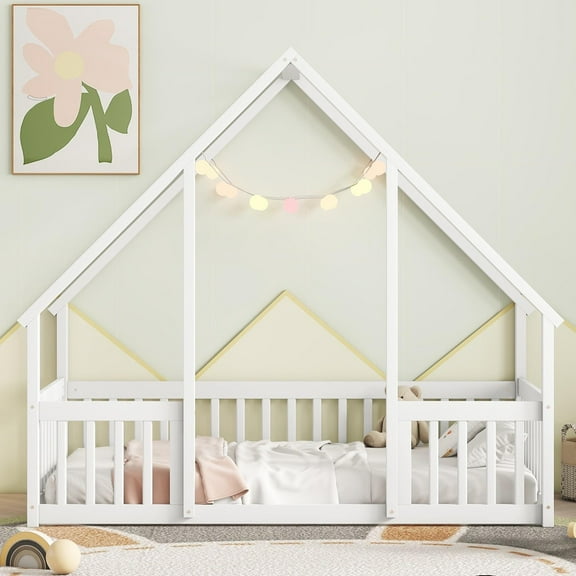 Twin Floor Bed Frame with Roof, Wooden Montessori Bed with Fence, House Shaped Canopy Bed, Twin Size Bed Frame for Boys Girls Bedroom, Space Saving Design, No Box Spring Needed, White