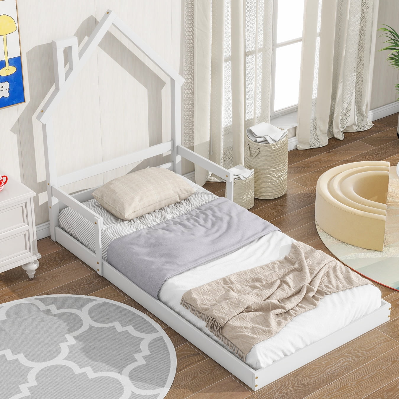 Twin Floor Bed Frame with Roof, Wooden Montessori House-Shaped Bed with ...