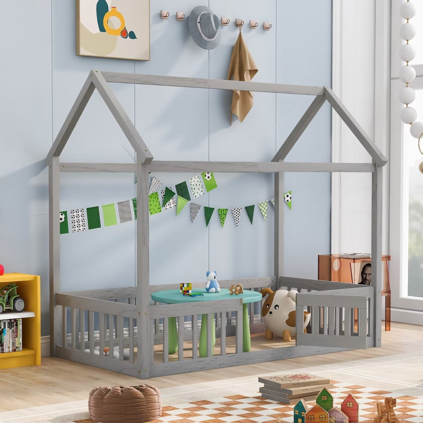Twin Floor Bed Frame, Wooden House Bed with Closeable Door and Fence ...