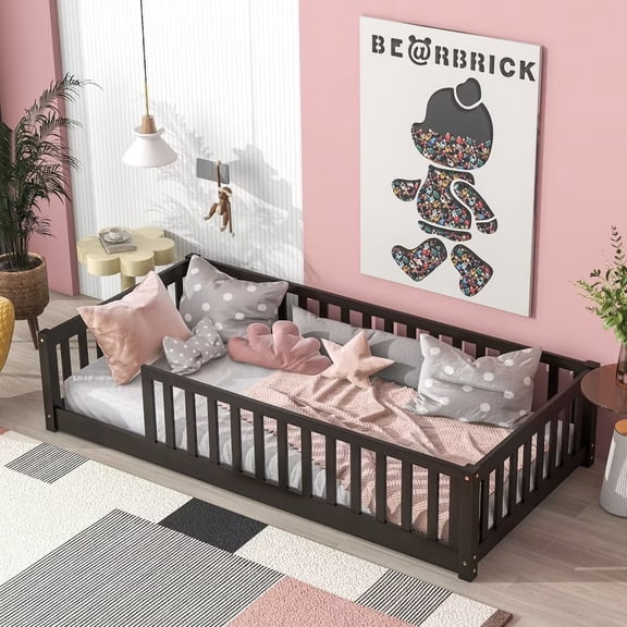 Twin Floor Bed Frame for Kids, Montessori Floor Bed with Fence and Wood Slats, Low Wood Platform Bed Frame for Girls Boys,Easy Assembly,Espresso