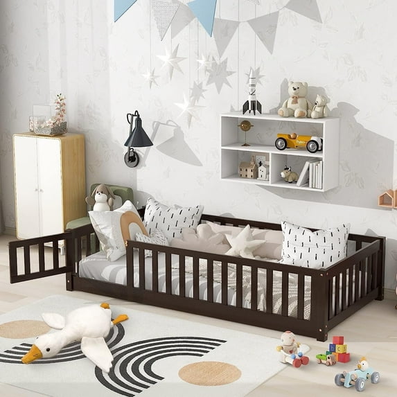 Twin Floor Bed Frame for Toddler, Montessori Floor Bed with Fence and Wood Slats, Low Wood Platform Beds for Girls Boys Kids Happy Time, Espresso