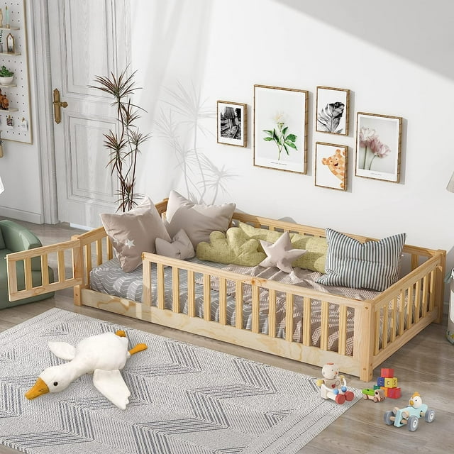 Twin Floor Bed Frame for Toddler, Montessori Floor Bed with Fence and ...