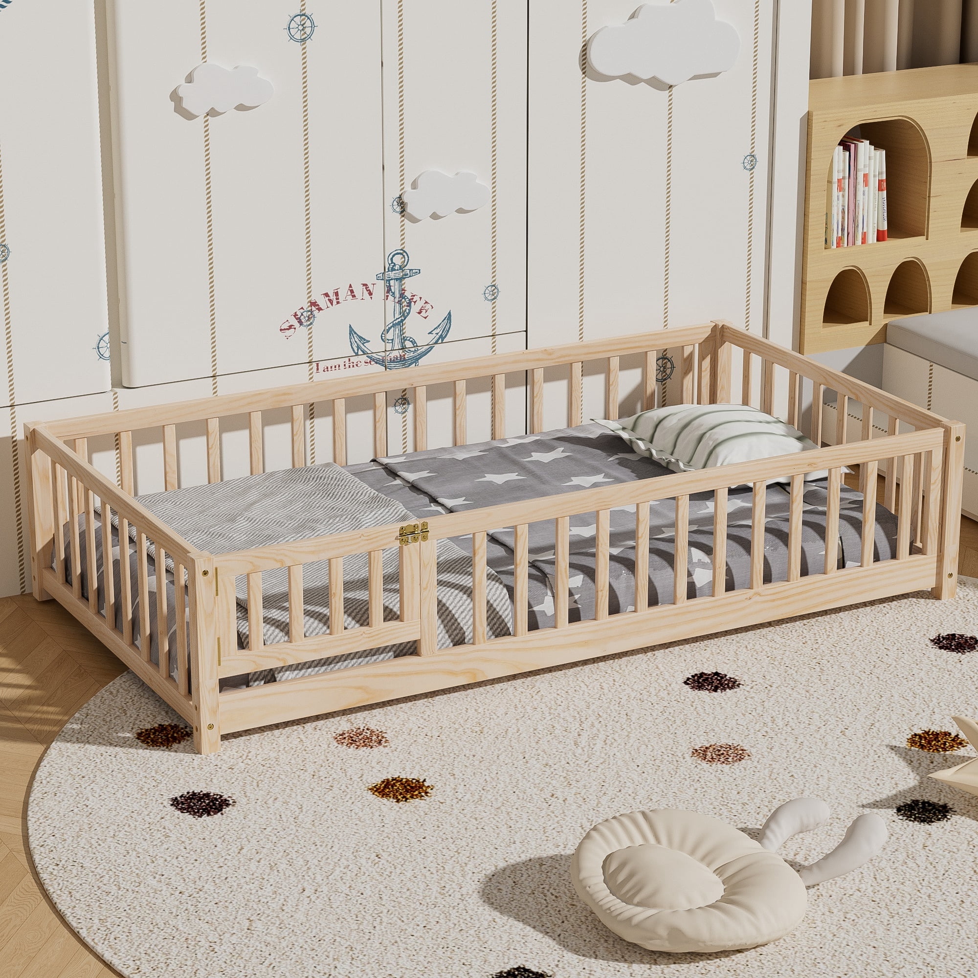 Twin Floor Bed Frame, Montessori Floor Bed with Fence and Wood Slats, Natural