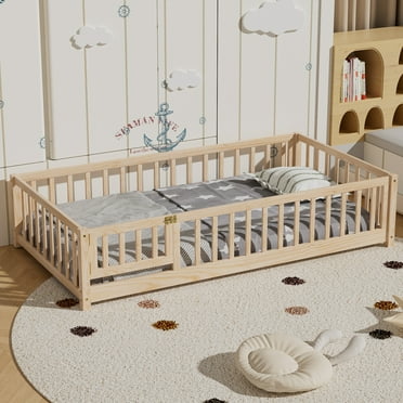Twin Floor Bed Frame for Toddler, Montessori Floor Bed with Fence and Wood Slats, Low Wood Platform Beds for Girls Boys Kids Happy Time, Natural