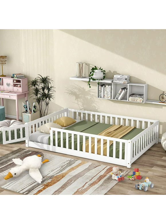 Twin Floor Bed Frame for Toddler, Montessori Floor Bed with Fence and Wood Slats, Low Wood Platform Beds for Girls Boys Kids Happy Time, White