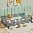 thumbnail image 1 of Twin Floor Bed Frame for Toddler, Montessori Floor Bed with Fence and Wood Slats for Girls Boys Kids Happy Time, Gray, 1 of 7