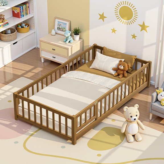 Twin Floor Bed Frame with Wood Slats, Fence & Small Door, Pinewood Montessori Floor Bed for Girls and Boys,Light Espresso