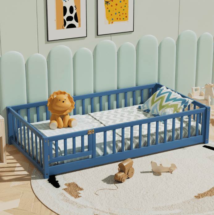 Twin Floor Bed Frame with Wood Slats, Fence & Small Door, Pinewood Montessori Floor Bed for Girls and Boys, Mist Blue