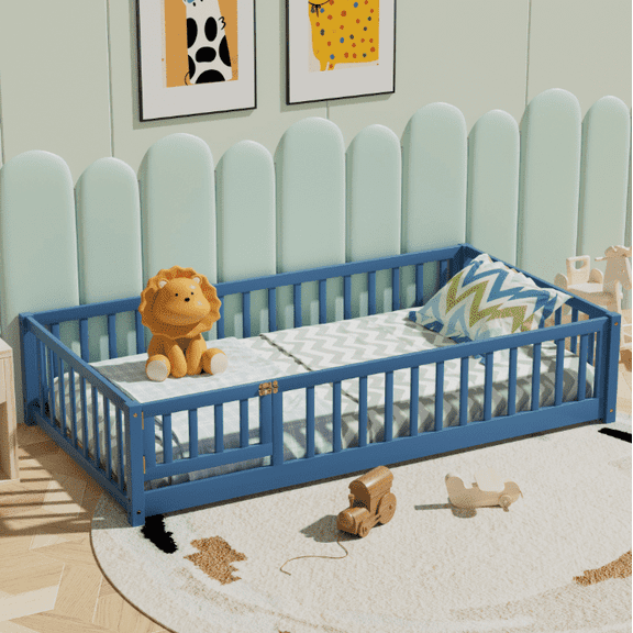 Twin Floor Bed Frame with Wood Slats, Fence & Small Door, Pinewood Montessori Floor Bed for Girls and Boys, Mist Blue