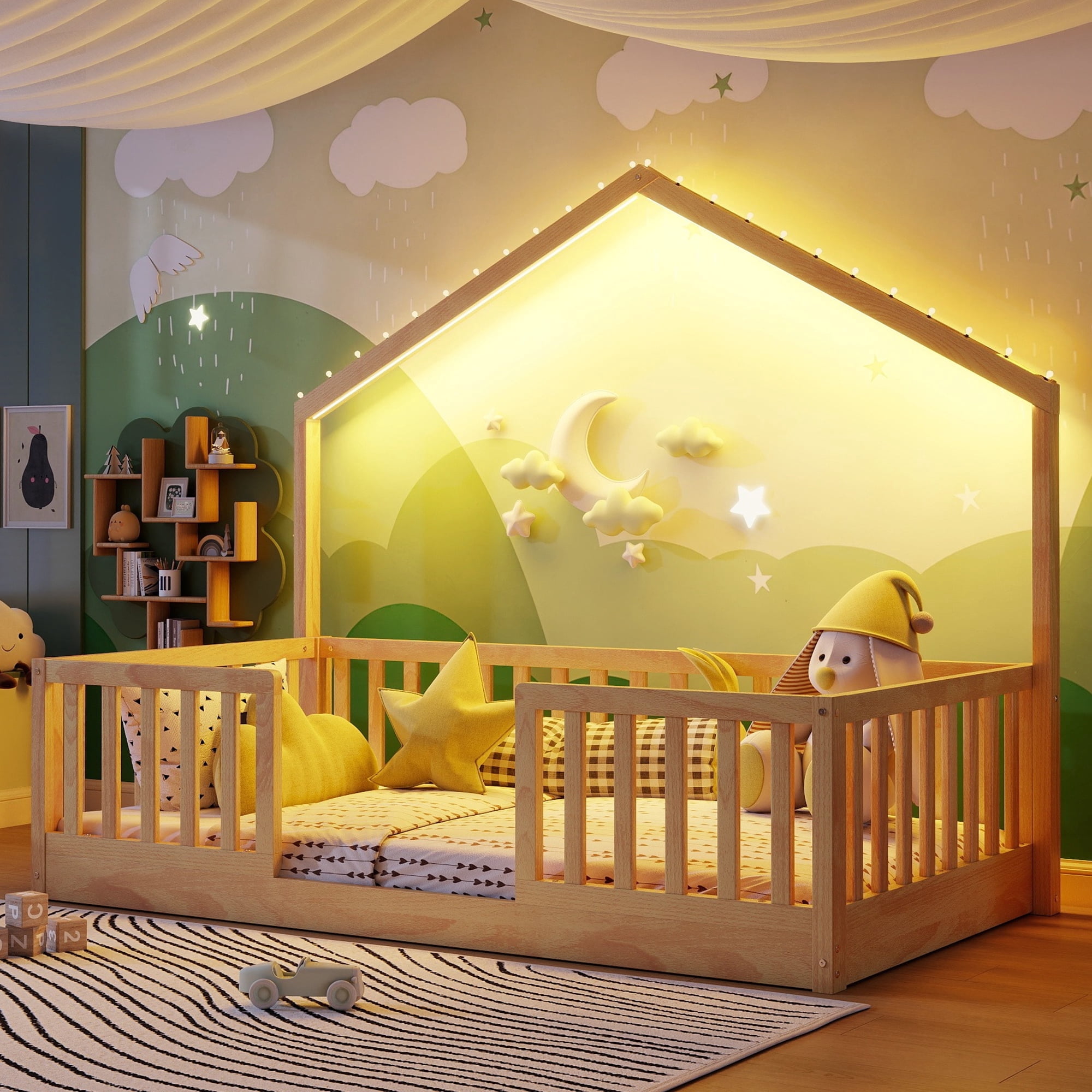 Twin Floor Bed with High Rails, Wooden Montessori Bed Frame with Single Color Light and House Shape Design, Low Profile Beds for Kids, twin bed frames Natural