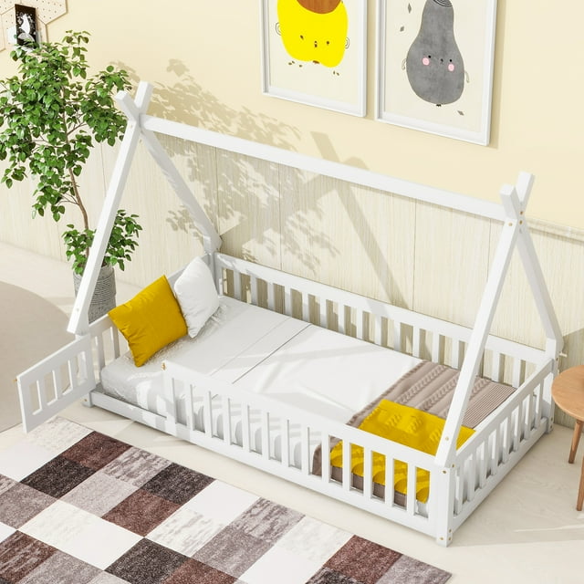 Twin Floor Bed for Kids, PAPROOS Wood Twin Size House Toddler Floor Bed
