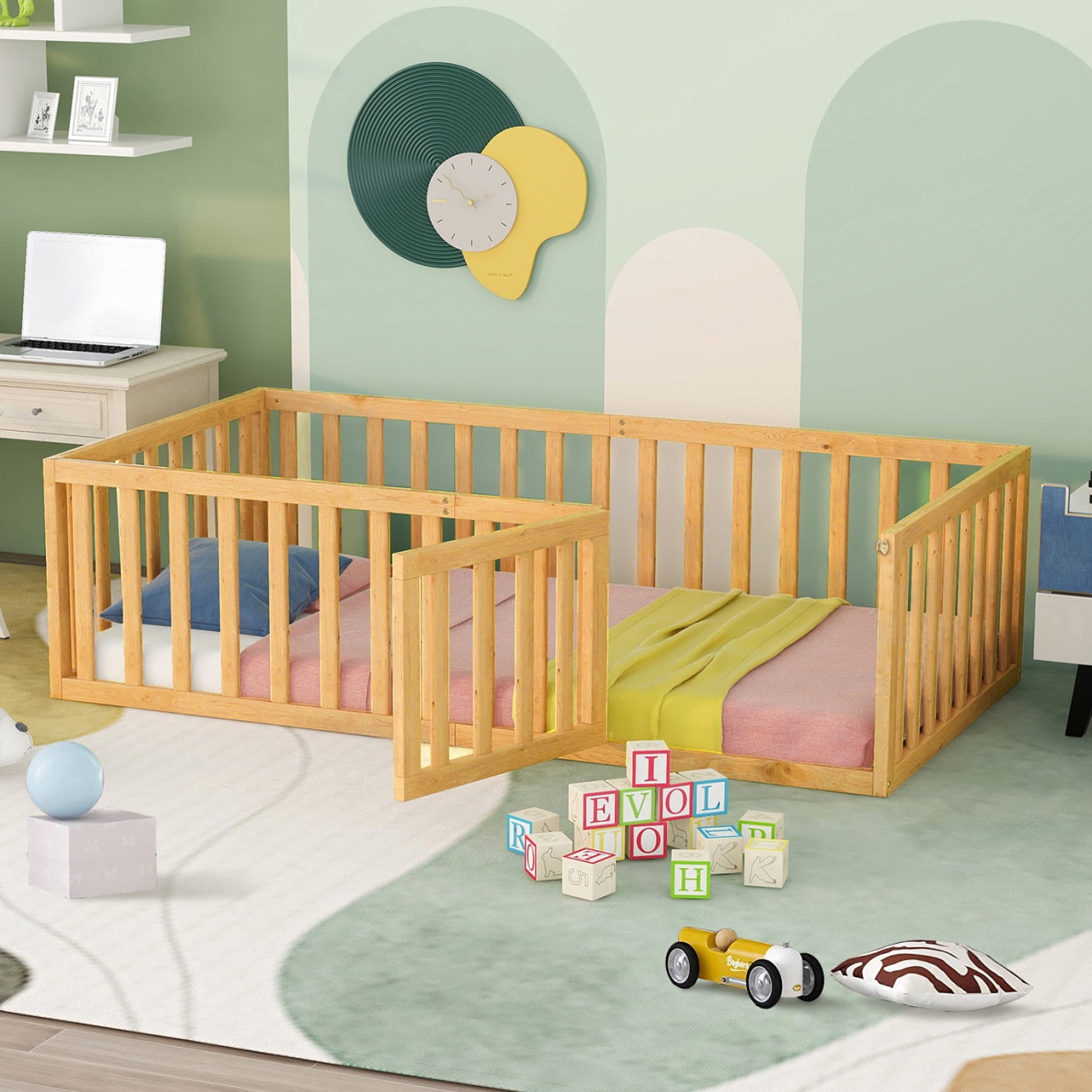 Twin Floor Bed for Kids Solid Wood Montessori Bed Frame with Door ...