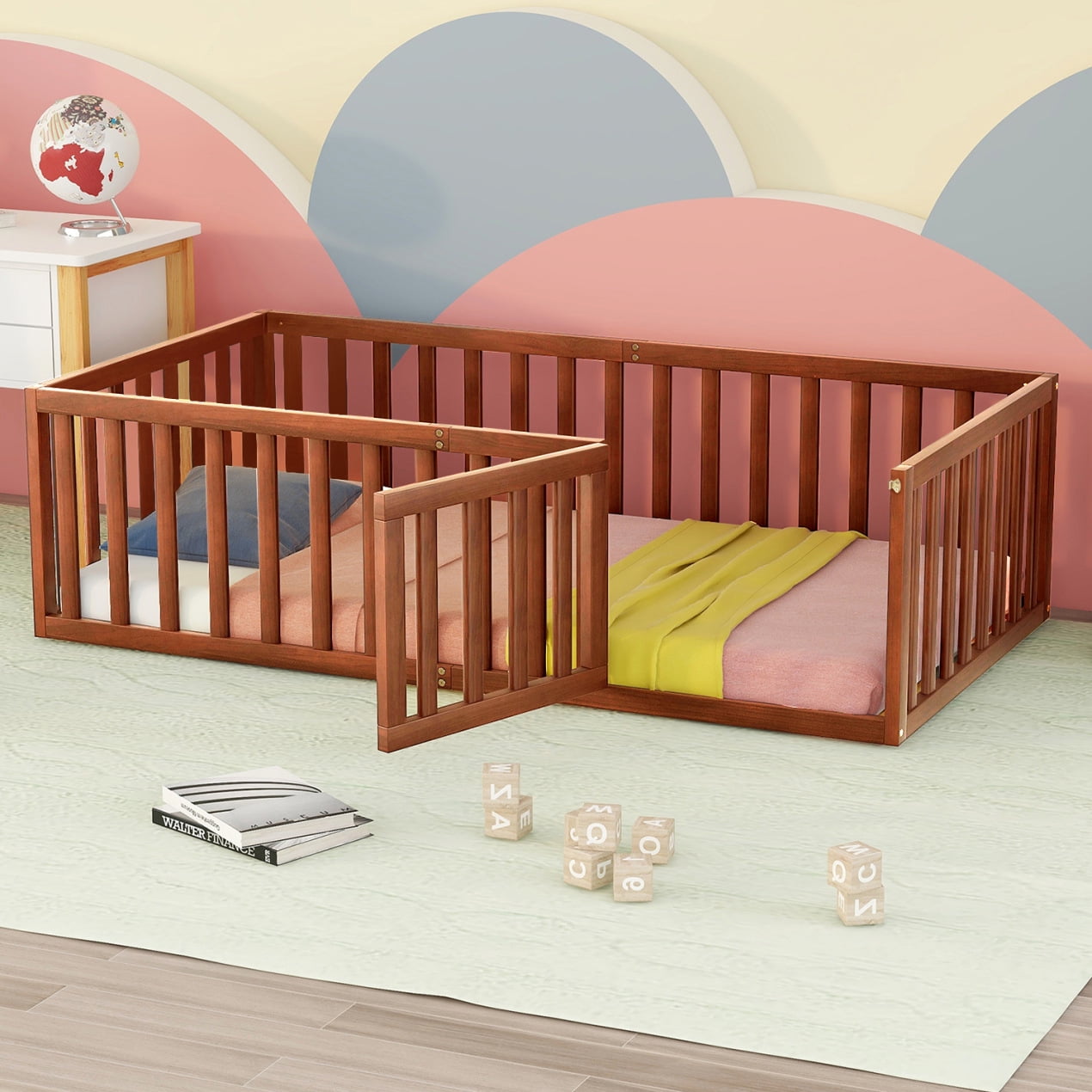 Twin Floor Bed for Kids Solid Wood Montessori Bed Frame with Door ...