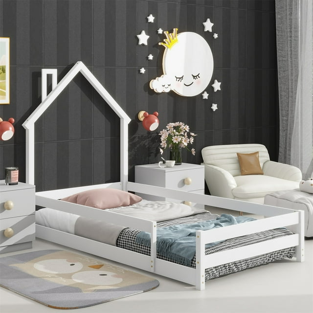 Twin Floor Bed for Kids Toddlers, Wooden Montessori Bed Frame with