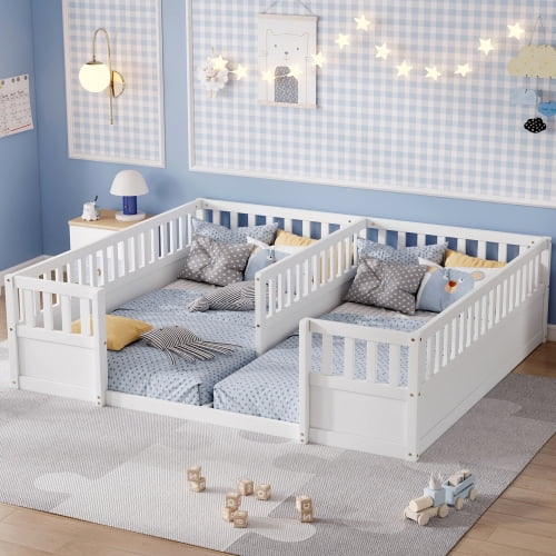 Simple Workspace Layout Twin Floor Bed with Semi-Enclosed Guardrails and Open Entrance, Space ...
