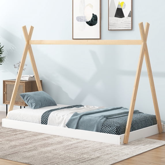 Twin Floor Bed with Triangle Structure, Solid Wood Montessori Bed Frame without Slats, Twin Size Tent Bed for Boys Girls Teens, Can Be Decorated, White+Natural