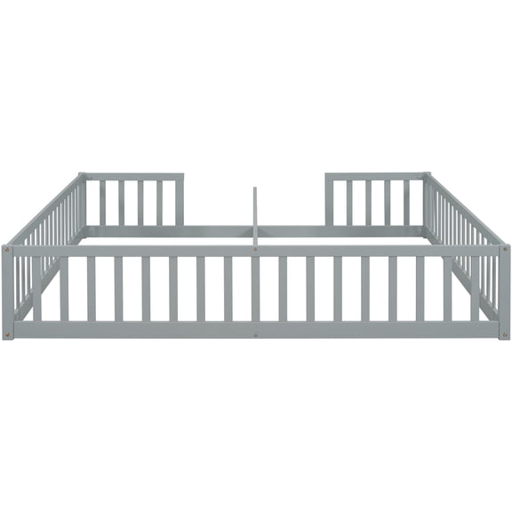 Twin Floor Bed With Guardrails In Grey - Space & Double Solid Structure Practical