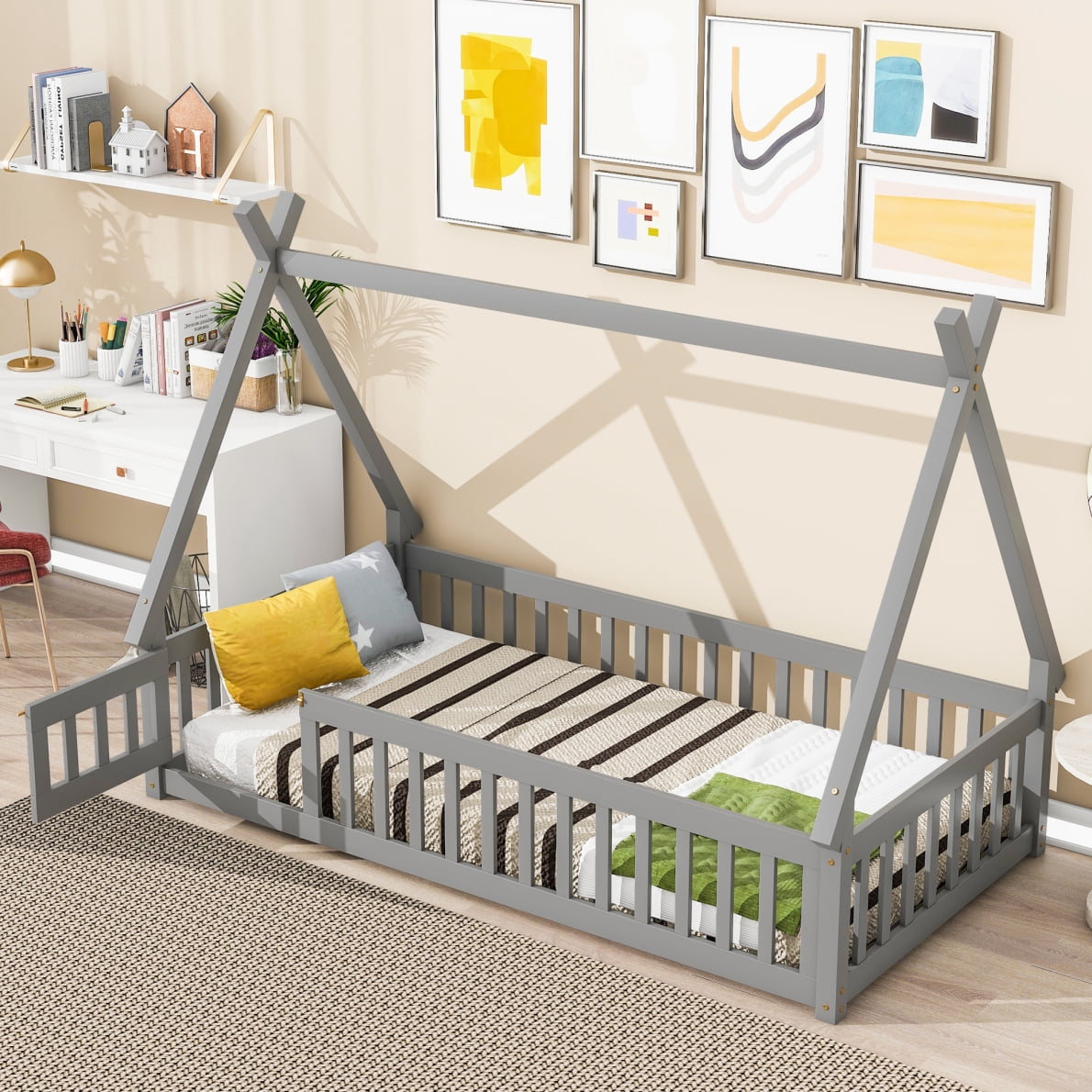 Montessori Floor Bed For Kids - Twin Size Low Bed Frame With Safety Guardrails & 2 Openings, White Wooden Bed For Toddlers & Big Kids