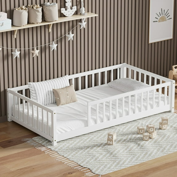Twin Floor Bed, Wooden Montessori Bed Frame with Fence, Floor Platform Bed with Slats Support, Montessori Floor Bed for Toddlers Boy Girls, White