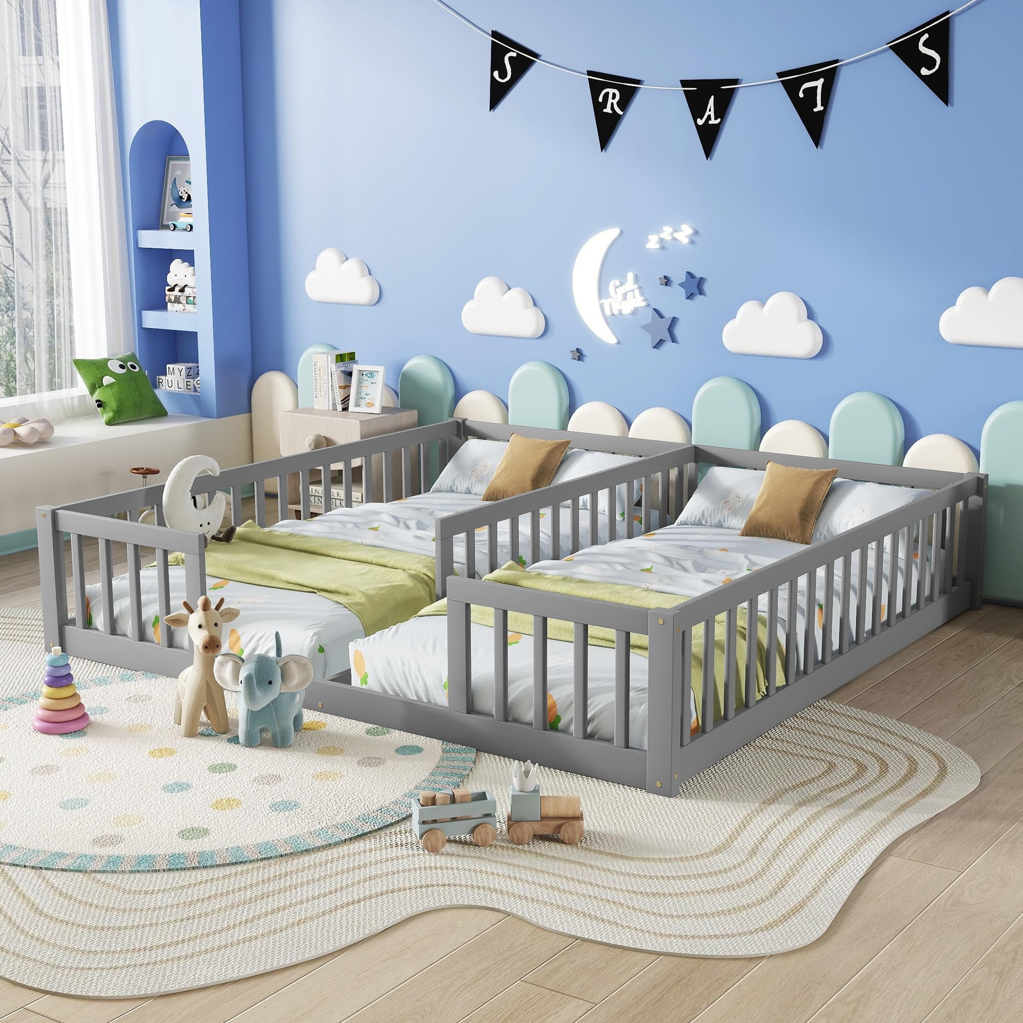 Twin Floor Bed for 2, Montessori Bed Frame with Fence, Wooden Double Floor Bed with Guardrails for Two Boys Girls, Box Spring Needed, Gray