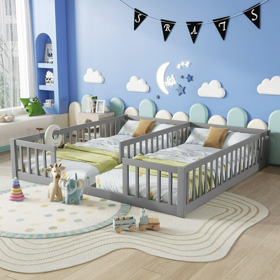 Twin Floor Bed for 2, Montessori Bed Frame with Fence, Wooden Double Floor Bed with Guardrails for Two Boys Girls, Box Spring Needed, Gray