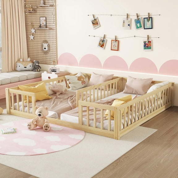 Double Twin Floor Bed, Montessori Bed Frame with Fence, Wooden Double Floor Bed with Guardrails for 2, Box Spring Needed, Natural