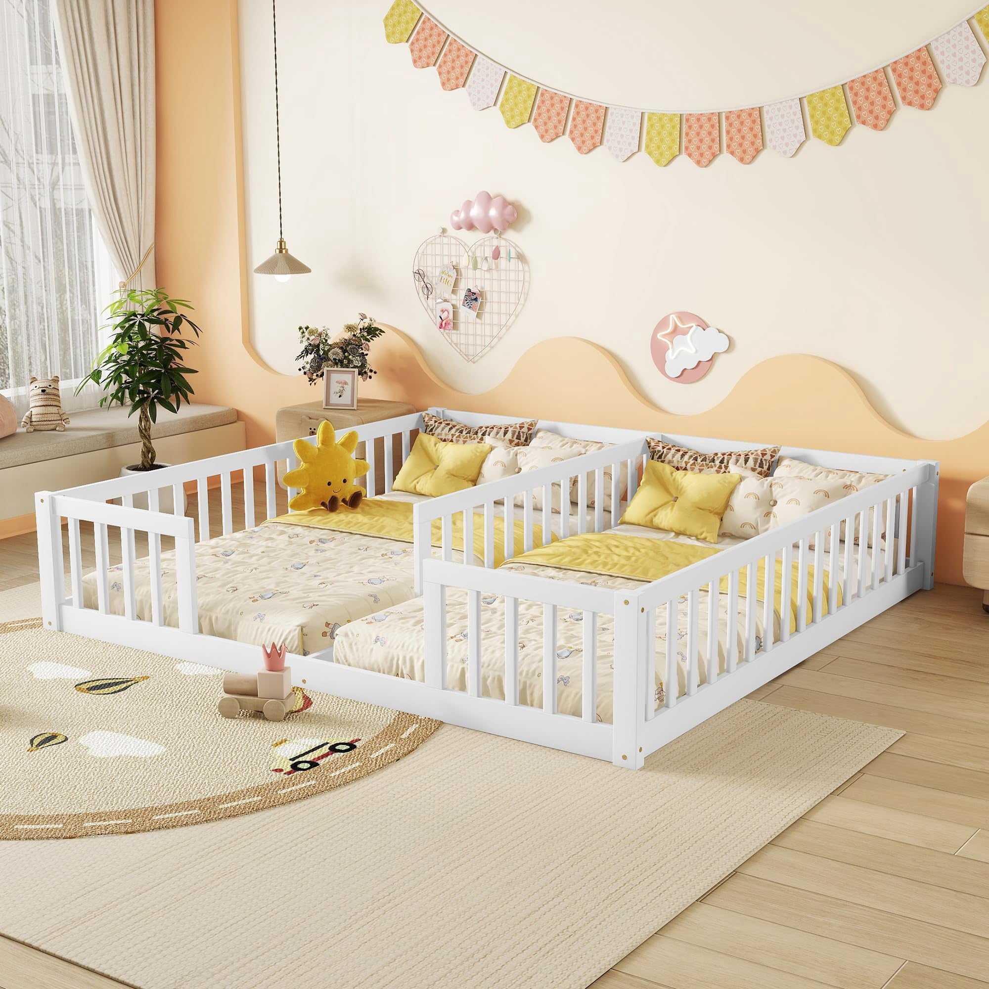 Twin Floor Bed for 2, Montessori Bed Frame with Fence, Wooden Double Floor Bed with Guardrails for Two Boys Girls, Box Spring Needed, White