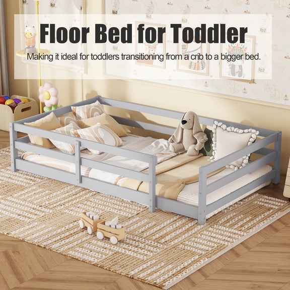 Bellemave Twin Montessori Bed with Rails, Wood Twin Size Floor Bed Frame with Fence, Low to Ground Bed Frame with Safety Guardrails - Gray