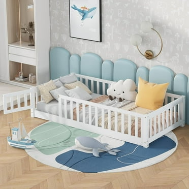 Twin Floor Bed for Kids, Solid Wood Montessori Bed Frame Fence & Door, Toddler Twin Size Bed with Wood Slats, No Box Spring Needed (Twin,White)